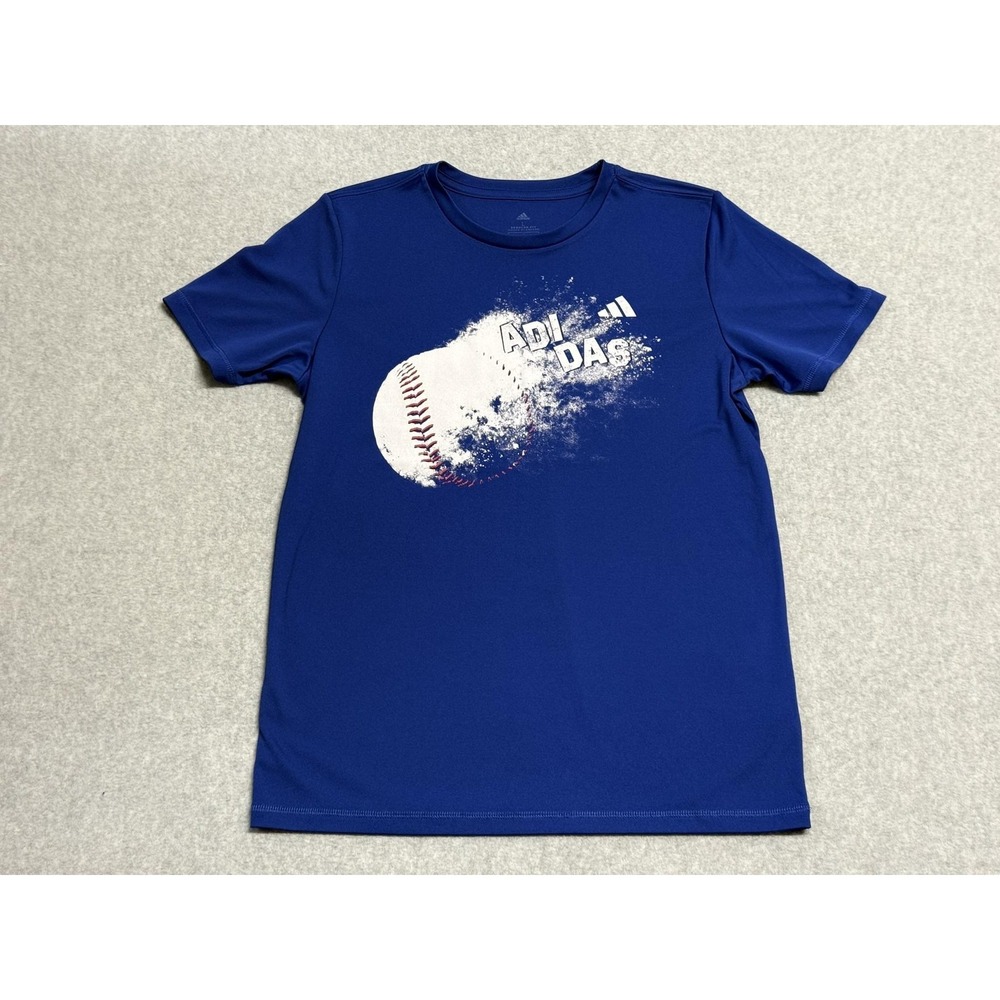 Adidas Shirt Unisex Large 14/16 Blue Baseball Graphic AEROREADY Short Sleeve Tee